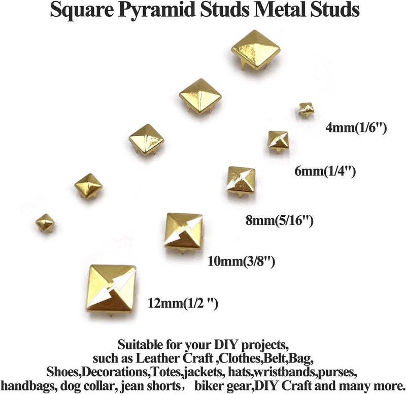 honigo Gold 150pcs Square Pyramid Studs Metal Studs Spikes for Clothing,Shoe,Leather,Jacket,Punk,Crafts,Clothes,Jeans,Jewelry4/6/8/10/12mm - Image 3